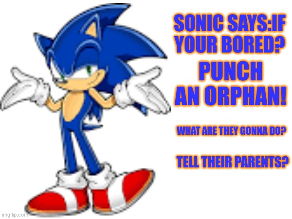 sonic says | SONIC SAYS:IF YOUR BORED? PUNCH AN ORPHAN! WHAT ARE THEY GONNA DO? TELL THEIR PARENTS? | image tagged in sonic says | made w/ Imgflip meme maker