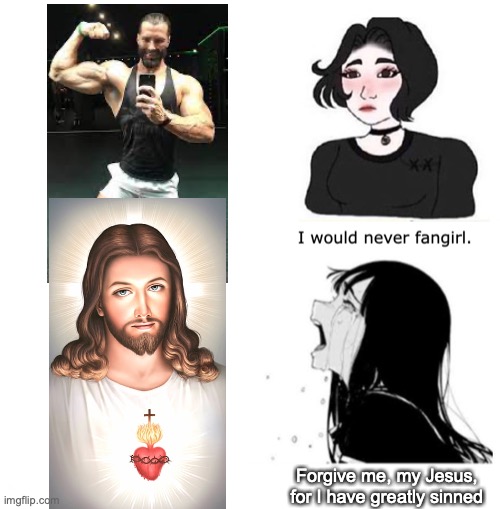I would never fangirl | Forgive me, my Jesus, for I have greatly sinned | image tagged in i would never fangirl | made w/ Imgflip meme maker