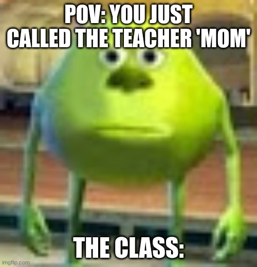 oofrejgio flashbacks | POV: YOU JUST CALLED THE TEACHER 'MOM'; THE CLASS: | image tagged in sully wazowski | made w/ Imgflip meme maker