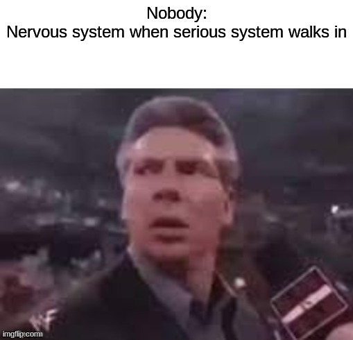 :0 | Nobody:
Nervous system when serious system walks in | image tagged in x when x walks in | made w/ Imgflip meme maker