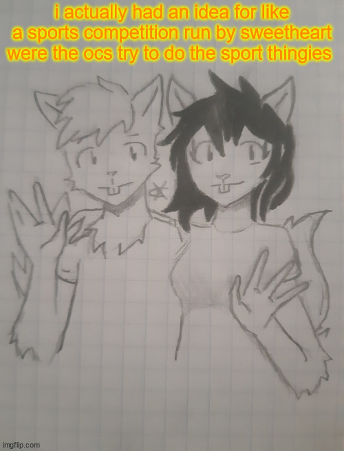 Dalmi and Sar | i actually had an idea for like a sports competition run by sweetheart were the ocs try to do the sport thingies | image tagged in dalmi and sar | made w/ Imgflip meme maker
