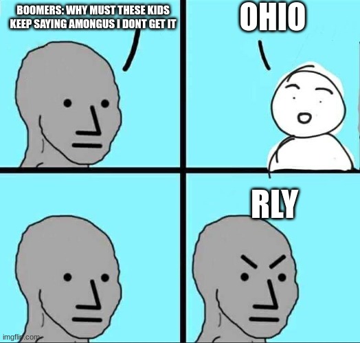 NPC Meme | OHIO; BOOMERS: WHY MUST THESE KIDS KEEP SAYING AMONGUS I DONT GET IT; RLY | image tagged in npc meme | made w/ Imgflip meme maker