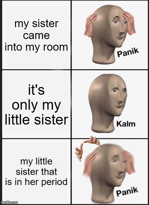 this is the worst | my sister came into my room; it's only my little sister; my little sister that is in her period | image tagged in memes,panik kalm panik | made w/ Imgflip meme maker