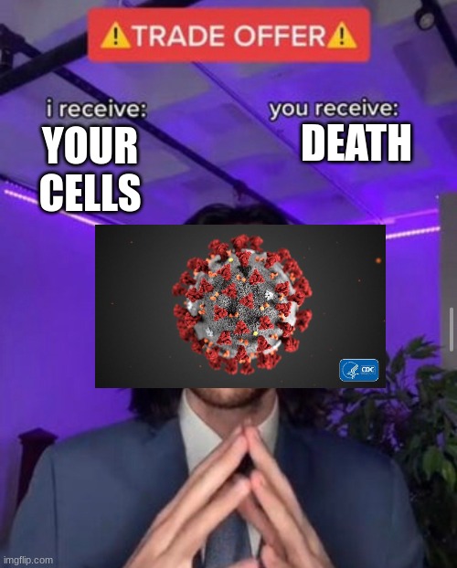 this is a remake of an older meme | DEATH; YOUR CELLS | image tagged in i receive you receive | made w/ Imgflip meme maker