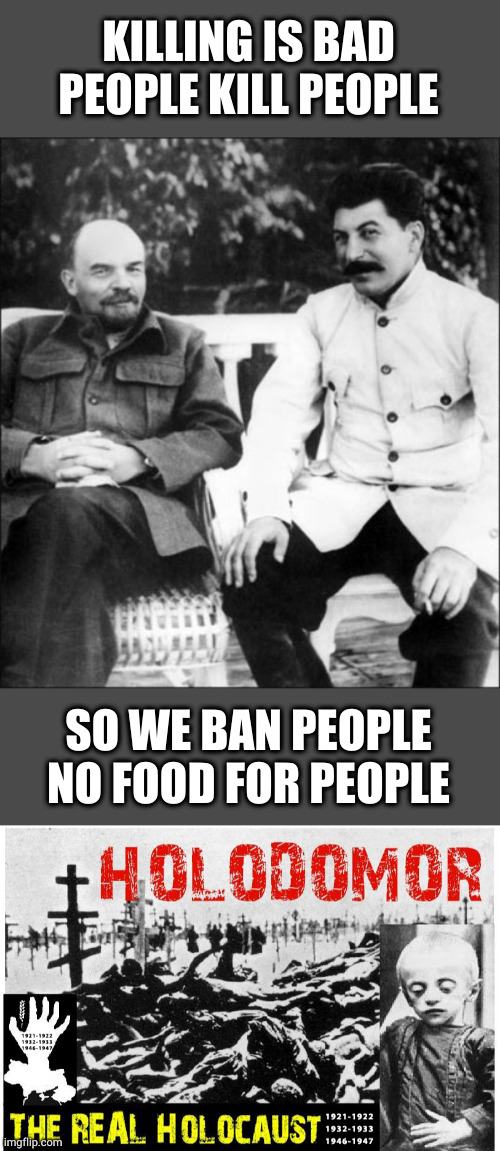 It could be worse if they think people kill people. | KILLING IS BAD PEOPLE KILL PEOPLE; SO WE BAN PEOPLE
NO FOOD FOR PEOPLE | image tagged in lenin and stalin,holodomor,2nd amendment | made w/ Imgflip meme maker