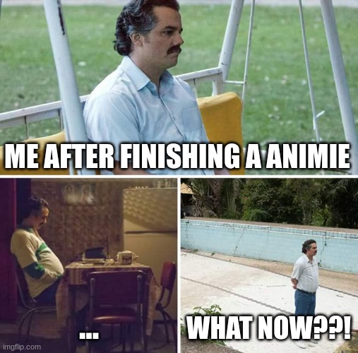 Sad Pablo Escobar | ME AFTER FINISHING A ANIMIE; ... WHAT NOW??! | image tagged in memes,sad pablo escobar | made w/ Imgflip meme maker