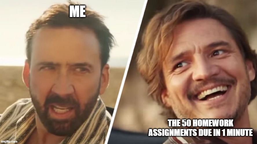 Nick Cage and Pedro pascal | ME; THE 50 HOMEWORK ASSIGNMENTS DUE IN 1 MINUTE | image tagged in nick cage and pedro pascal | made w/ Imgflip meme maker