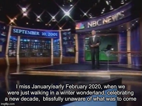 September 10, 2001 | I miss January/early February 2020, when we were just walking in a winter wonderland, celebrating a new decade,  blissfully unaware of what was to come | image tagged in september 10 2001 | made w/ Imgflip meme maker
