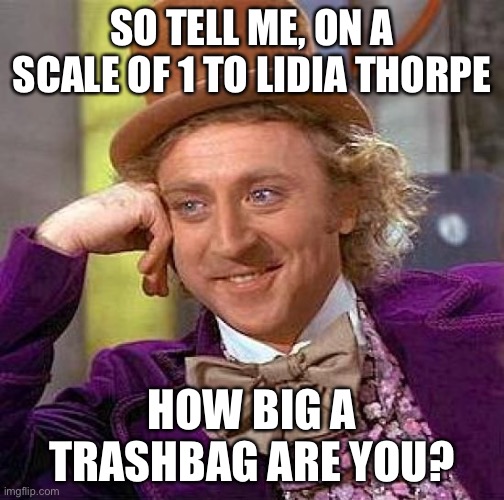 Creepy Condescending Wonka | SO TELL ME, ON A SCALE OF 1 TO LIDIA THORPE; HOW BIG A TRASHBAG ARE YOU? | image tagged in memes,creepy condescending wonka | made w/ Imgflip meme maker