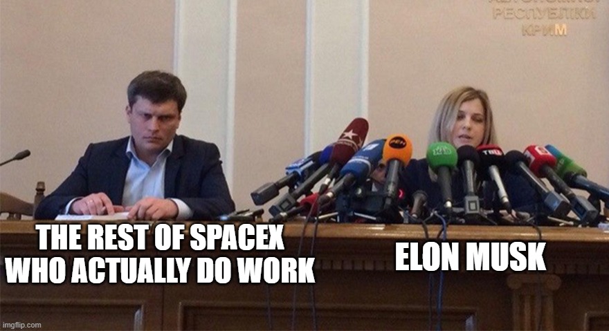 ok cool you founded it but what else do you do | THE REST OF SPACEX WHO ACTUALLY DO WORK; ELON MUSK | image tagged in man and woman microphone,memes,funny,so true memes,elon musk | made w/ Imgflip meme maker
