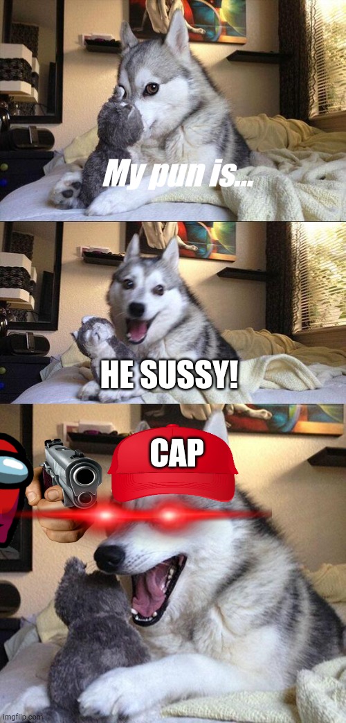 Bad Pun Dog | My pun is... HE SUSSY! CAP | image tagged in memes,bad pun dog | made w/ Imgflip meme maker