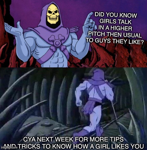 This is coming from a girl ( me! ) | DID YOU KNOW GIRLS TALK IN A HIGHER PITCH THEN USUAL TO GUYS THEY LIKE? CYA NEXT WEEK FOR MORE TIPS AND TRICKS TO KNOW HOW A GIRL LIKES YOU | image tagged in he man skeleton advices | made w/ Imgflip meme maker