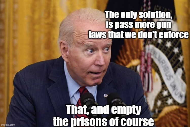 Mumbles is on the case | The only solution, is pass more gun laws that we don't enforce That, and empty the prisons of course | image tagged in biden gun control meme | made w/ Imgflip meme maker