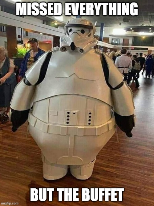Stormtrooper | MISSED EVERYTHING; BUT THE BUFFET | image tagged in star wars,stormtrooper,stormtroopers,darth vader,empire,star wars memes | made w/ Imgflip meme maker