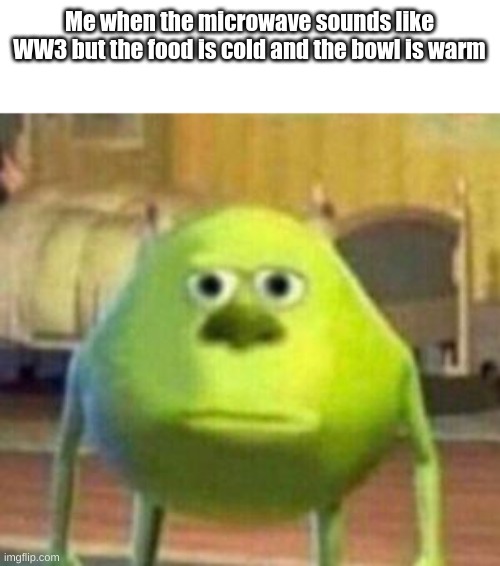 Based on a true story | Me when the microwave sounds like WW3 but the food is cold and the bowl is warm | image tagged in mike monster inc bruh meme | made w/ Imgflip meme maker