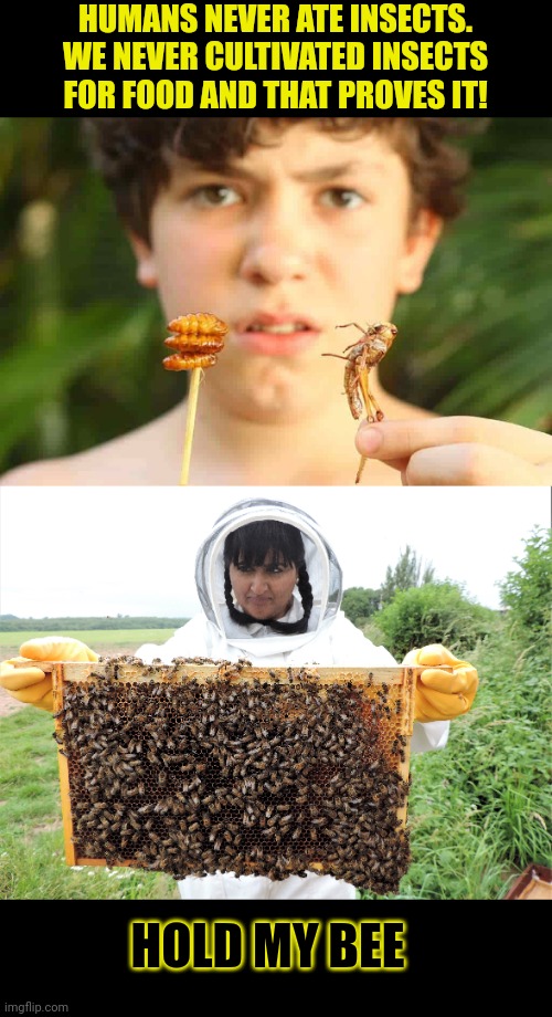 Humans have always eaten insects and 80% still does | HUMANS NEVER ATE INSECTS.
WE NEVER CULTIVATED INSECTS
FOR FOOD AND THAT PROVES IT! HOLD MY BEE | image tagged in insects,fake news,nonsense,bees,misinformation,think about it | made w/ Imgflip meme maker