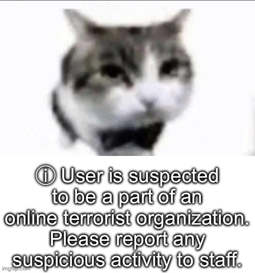 Copypasta | ⓘ User is suspected to be a part of an online terrorist organization. Please report any suspicious activity to staff. | made w/ Imgflip meme maker