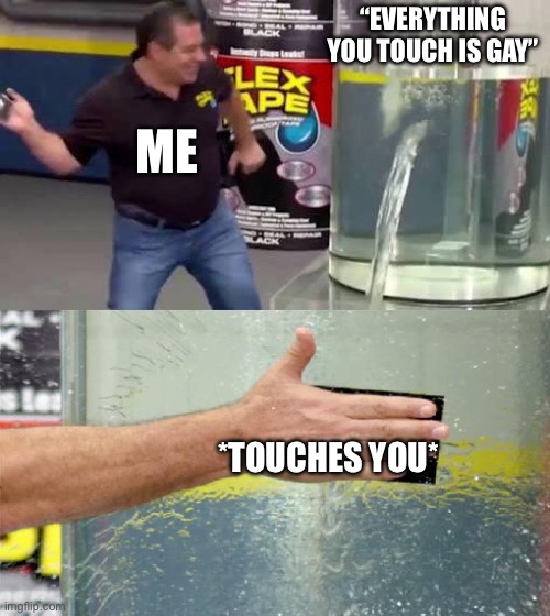 This happened to me in school lol | “EVERYTHING YOU TOUCH IS GAY”; ME; *TOUCHES YOU* | image tagged in flex tape | made w/ Imgflip meme maker