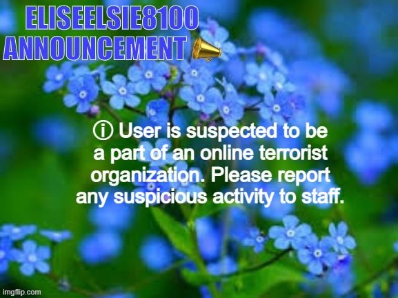 EliseElsie8100 Announcement | ⓘ User is suspected to be a part of an online terrorist organization. Please report any suspicious activity to staff. | image tagged in eliseelsie8100 announcement | made w/ Imgflip meme maker