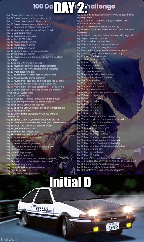 Pretty underrated anime tbh | DAY 2:; Initial D | image tagged in 100 day anime challenge | made w/ Imgflip meme maker