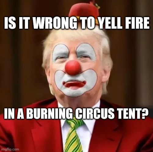 FOX started it ! | IS IT WRONG TO YELL FIRE; IN A BURNING CIRCUS TENT? | image tagged in donald trump clown,gop,flame,out | made w/ Imgflip meme maker