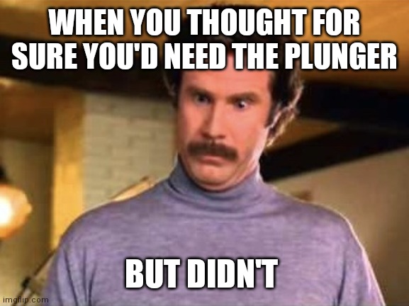 Plunger not needed | WHEN YOU THOUGHT FOR SURE YOU'D NEED THE PLUNGER; BUT DIDN'T | image tagged in ron burgandy - that s amazing | made w/ Imgflip meme maker
