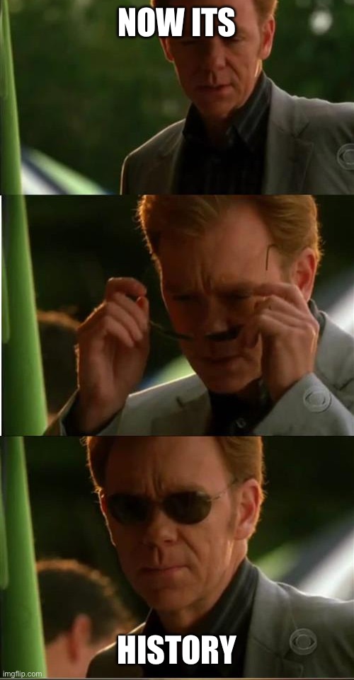 put on sunglasses | NOW ITS HISTORY | image tagged in put on sunglasses | made w/ Imgflip meme maker