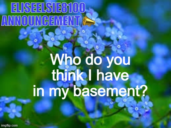 EliseElsie8100 Announcement | Who do you think I have in my basement? | image tagged in eliseelsie8100 announcement | made w/ Imgflip meme maker