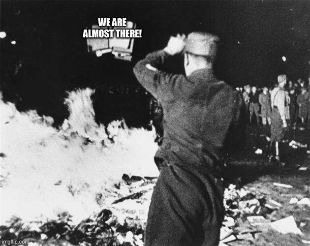 Book Burning Nazi Germany | WE ARE ALMOST THERE! | image tagged in book burning nazi germany | made w/ Imgflip meme maker