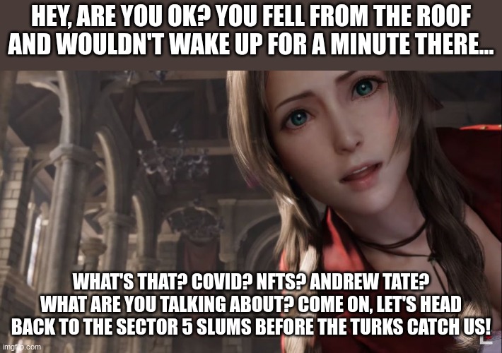 pov: you traveled to the world of FF7 Remake | HEY, ARE YOU OK? YOU FELL FROM THE ROOF AND WOULDN'T WAKE UP FOR A MINUTE THERE... WHAT'S THAT? COVID? NFTS? ANDREW TATE? WHAT ARE YOU TALKING ABOUT? COME ON, LET'S HEAD BACK TO THE SECTOR 5 SLUMS BEFORE THE TURKS CATCH US! | image tagged in final fantasy 7,time traveler,aerith,ff7 remake | made w/ Imgflip meme maker