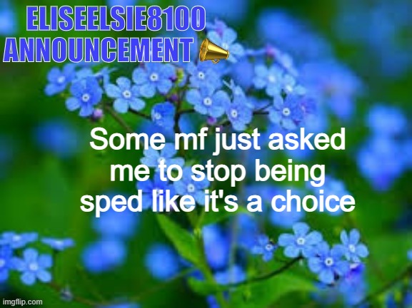 EliseElsie8100 Announcement | Some mf just asked me to stop being sped like it's a choice | image tagged in eliseelsie8100 announcement | made w/ Imgflip meme maker