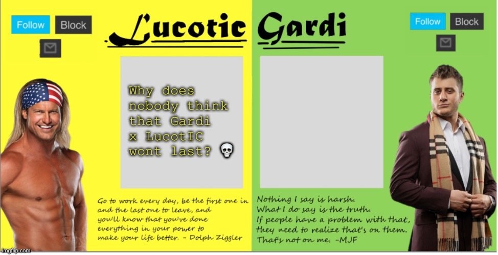 Im actually curious | Why does nobody think that Gardi x LucotIC wont last? 💀 | image tagged in lucotic/gardi duo wwe/aew announcement temp | made w/ Imgflip meme maker