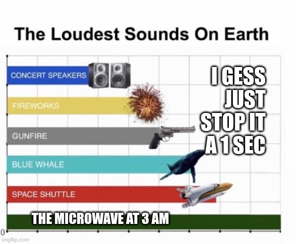The Loudest Sounds on Earth | I GESS JUST STOP IT A 1 SEC; THE MICROWAVE AT 3 AM | image tagged in the loudest sounds on earth | made w/ Imgflip meme maker
