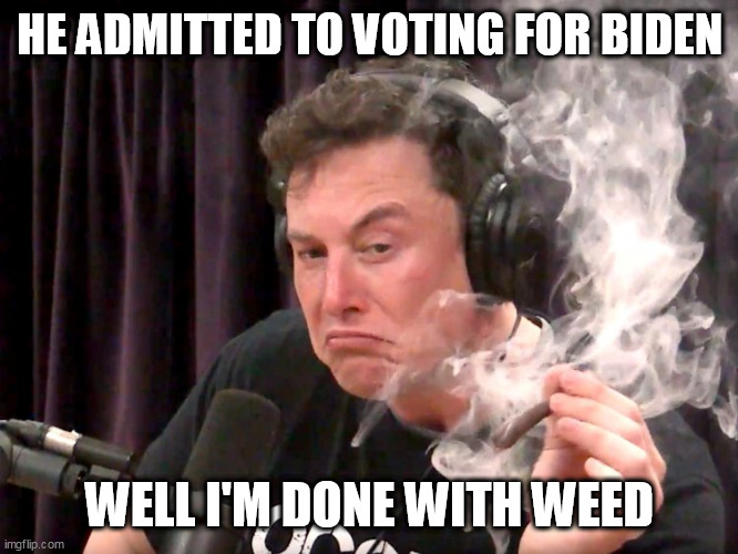 Elon Musk Weed | HE ADMITTED TO VOTING FOR BIDEN; WELL I'M DONE WITH WEED | image tagged in elon musk weed | made w/ Imgflip meme maker