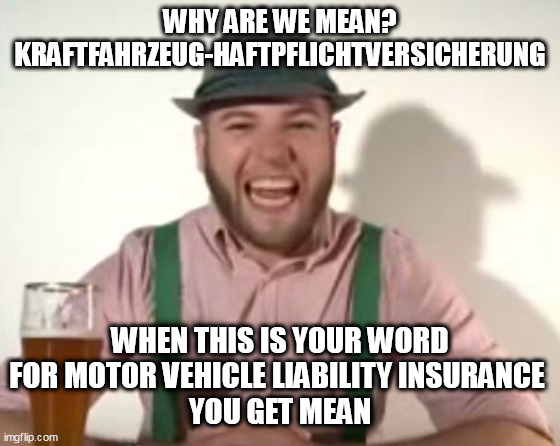 german | WHY ARE WE MEAN?
KRAFTFAHRZEUG-HAFTPFLICHTVERSICHERUNG; WHEN THIS IS YOUR WORD FOR MOTOR VEHICLE LIABILITY INSURANCE 
YOU GET MEAN | image tagged in german | made w/ Imgflip meme maker