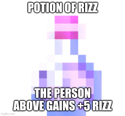 Being nice now | POTION OF RIZZ; THE PERSON ABOVE GAINS +5 RIZZ | image tagged in witches potion minecraft | made w/ Imgflip meme maker