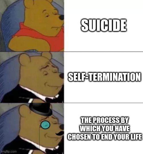 Fancy pooh | SUICIDE; SELF-TERMINATION; THE PROCESS BY WHICH YOU HAVE CHOSEN TO END YOUR LIFE | image tagged in fancy pooh | made w/ Imgflip meme maker