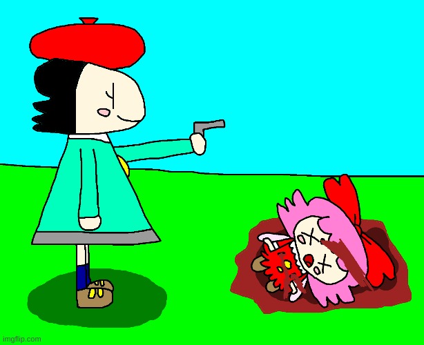 Ribbon gets shot by Adeleine because (I like doing that to her) | image tagged in kirby,adeleine,ribbon,gore,blood,funny | made w/ Imgflip meme maker