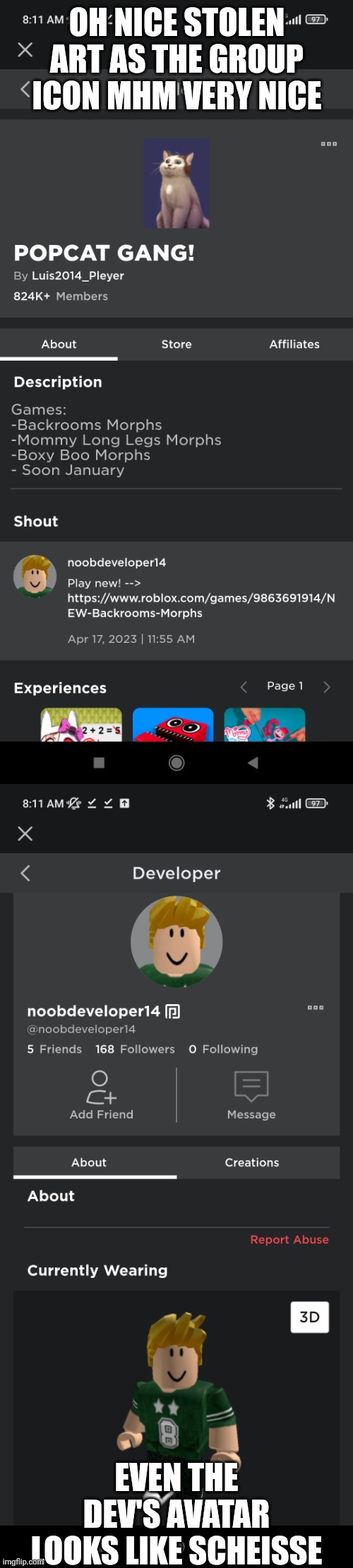 OH NICE STOLEN ART AS THE GROUP ICON MHM VERY NICE; EVEN THE DEV'S AVATAR LOOKS LIKE SCHEISSE | made w/ Imgflip meme maker