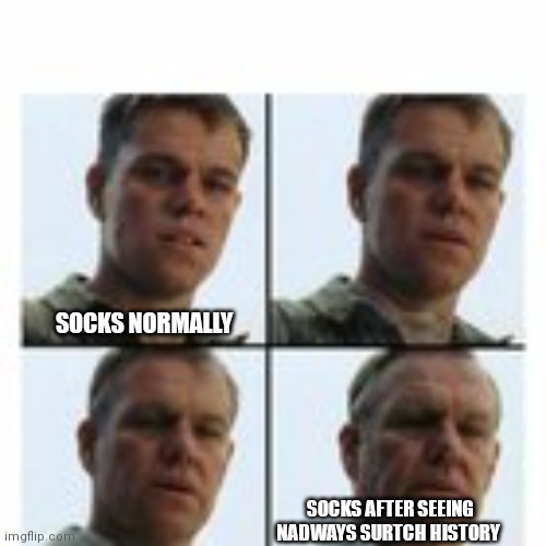 SOCKS NORMALLY; SOCKS AFTER SEEING NADWAYS SURTCH HISTORY | made w/ Imgflip meme maker