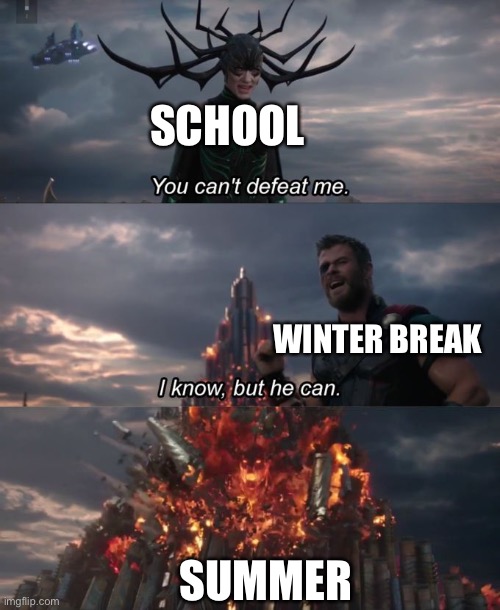 You can't defeat me | SCHOOL; WINTER BREAK; SUMMER | image tagged in you can't defeat me | made w/ Imgflip meme maker