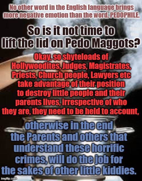 Pedophiles need to be brought to account | No other word in the English language brings more negative emotion than the word, PEDOPHILE. Yarra Man; So is it not time to lift the lid on Pedo Maggots? Okay, so shyteloads of Hollywoodites, Judges, Magistrates, Priests, Church people, Lawyers etc take advantage of their position to destroy little people and their parents lives, irrespective of who they are, they need to be held to account, otherwise in the end the Parents and others that understand these horrific crimes, will do the job for the sakes of other little kiddies. | image tagged in pedo maggots,predators,snakes,rock spiders,vermin | made w/ Imgflip meme maker