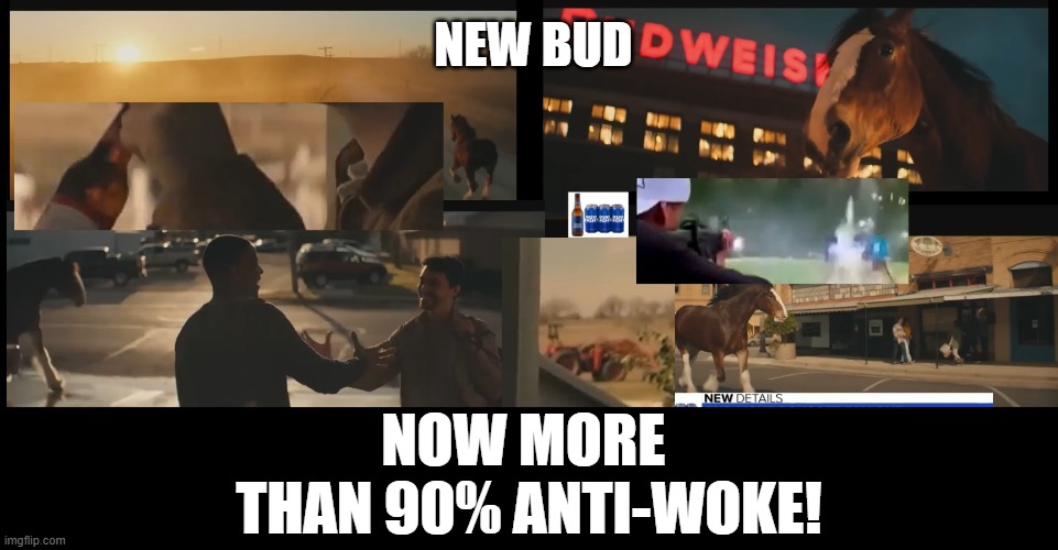 New Budwiser bush, less woke. | NEW BUD; NOW MORE 
THAN 90% ANTI-WOKE! | image tagged in bud light,budweiser,anheuser bush,woke,anti-woke,horses | made w/ Imgflip meme maker