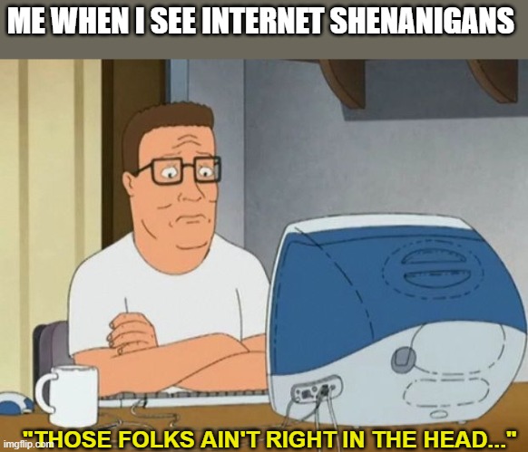 hank hill computer | ME WHEN I SEE INTERNET SHENANIGANS; "THOSE FOLKS AIN'T RIGHT IN THE HEAD..." | image tagged in hank hill computer | made w/ Imgflip meme maker