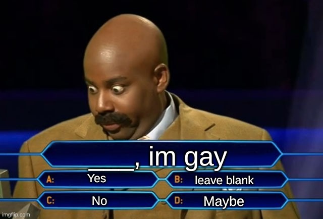 2023 Be like | ___, im gay; Yes; leave blank; Maybe; No | image tagged in who wants to be a millionaire | made w/ Imgflip meme maker