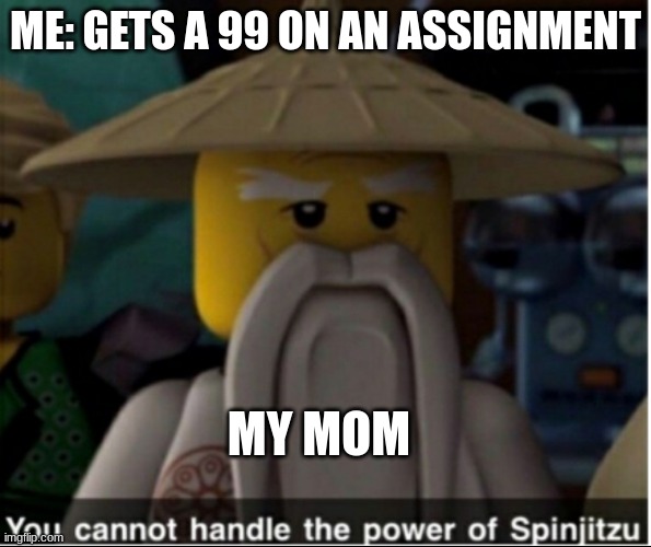 It's like I have to be "perfect" or something. | ME: GETS A 99 ON AN ASSIGNMENT; MY MOM | image tagged in you cannot handle the power of spinjitzu | made w/ Imgflip meme maker