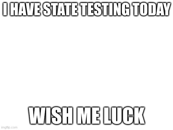 starts in like 5 mins | I HAVE STATE TESTING TODAY; WISH ME LUCK | image tagged in blank white template | made w/ Imgflip meme maker