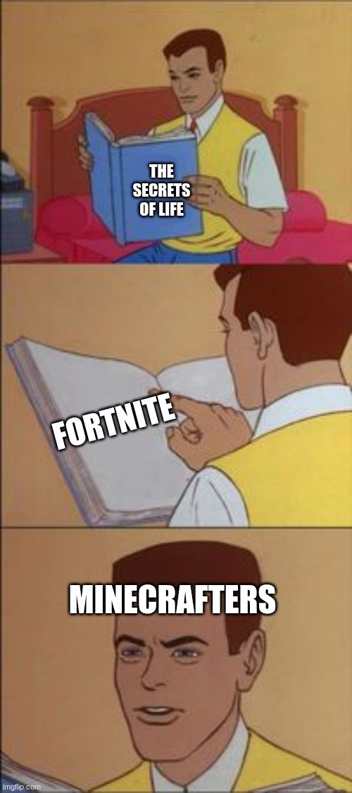 FORNITTTEE | THE SECRETS OF LIFE; FORTNITE; MINECRAFTERS | image tagged in peter parker reading a book | made w/ Imgflip meme maker