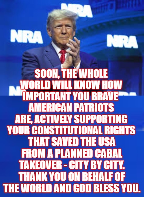 Trump thanks NSA Patriots | SOON, THE WHOLE WORLD WILL KNOW HOW IMPORTANT YOU BRAVE 
 AMERICAN PATRIOTS 
ARE, ACTIVELY SUPPORTING YOUR CONSTITUTIONAL RIGHTS; THAT SAVED THE USA FROM A PLANNED CABAL TAKEOVER - CITY BY CITY. THANK YOU ON BEHALF OF THE WORLD AND GOD BLESS YOU. | image tagged in trump,nsa,president trump,q,2nd amendment | made w/ Imgflip meme maker