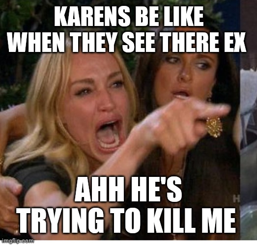 Why Karen's why | KARENS BE LIKE WHEN THEY SEE THERE EX; AHH HE'S TRYING TO KILL ME | image tagged in funny memes,karen,crazy | made w/ Imgflip meme maker